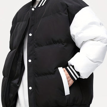 Thick Contrast Color Plus Size Men's Puffer Baseball Jacket - Raglan Jacket for Fall Winter - Men's Clothing